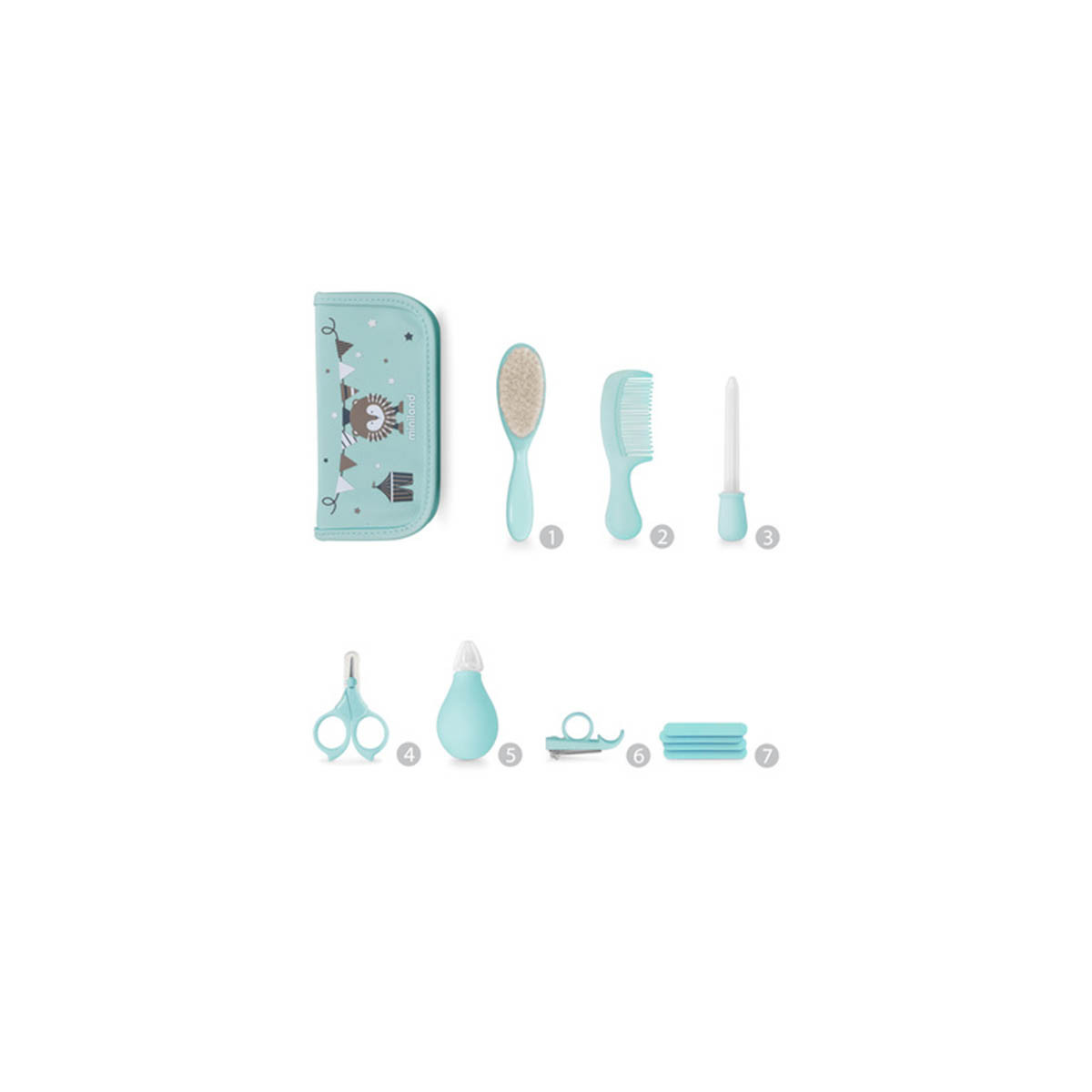 Baby Kit de Miniland en color azure. Kit de baño con múltiples accesorios y estuche.