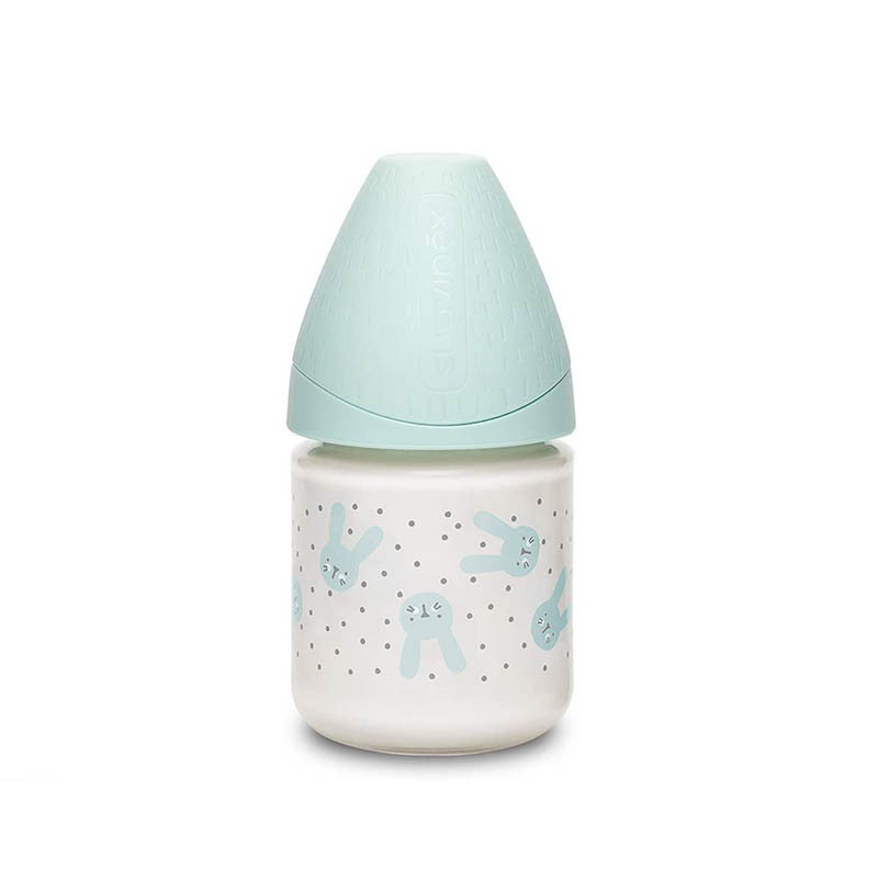 Biberón de vidrio de Suavinex colección Hygge Baby Premium en color menta y 120 ml