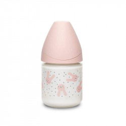 Biberón de vidrio de Suavinex colección Hygge Baby Premium en color rosa y 120 ml