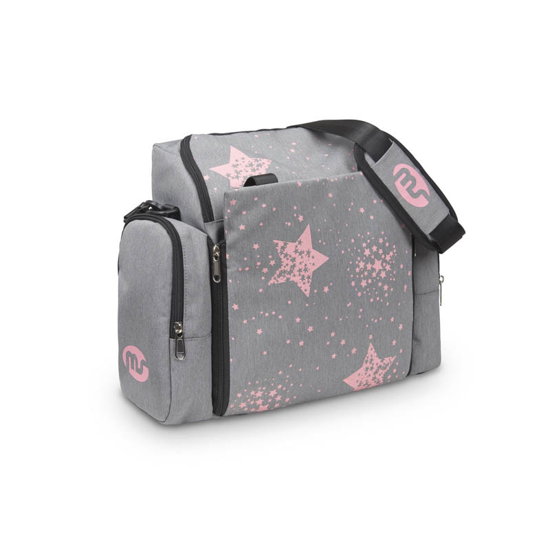 Mochila elevador Booster Stars de MS en color gris y estrellas rosas.