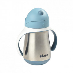 beaba taza de acero inoxidable con pajita en el color gris azulado