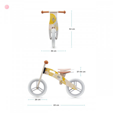 Bicicleta de equilibrio de madera sin pedales, Kinderkraft Runner. El sillín blando es ajustable en un rango de 37 a 44 cm.