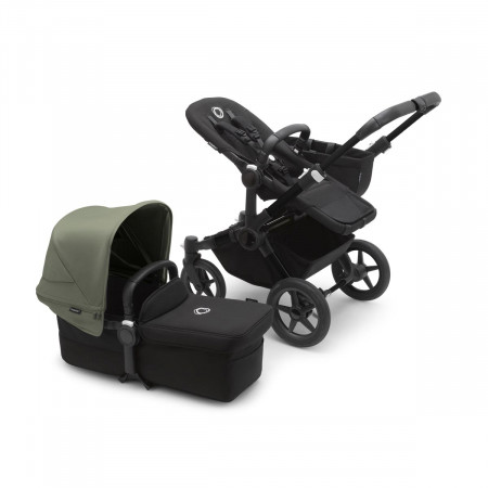 Bugaboo donkey 5 mono, con chasis negro, funda negra y capota en verde bosque.