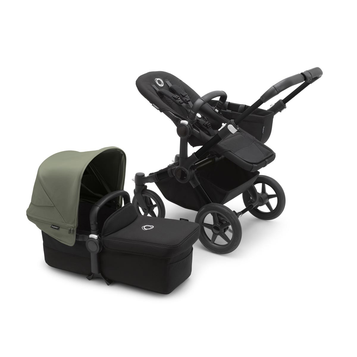 Bugaboo donkey 5 mono, con chasis negro, funda negra y capota en verde bosque.