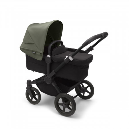 Cochecito Bugaboo donkey 5 mono, con chasis negro, funda negra y capota en verde bosque.