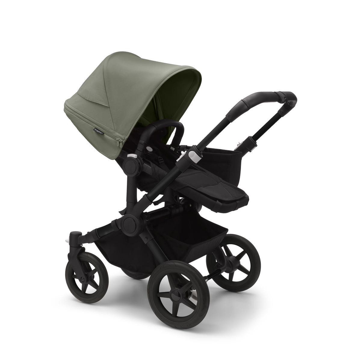 Silla de paseo Bugaboo donkey 5 mono, con chasis negro, funda negra y capota en verde bosque.