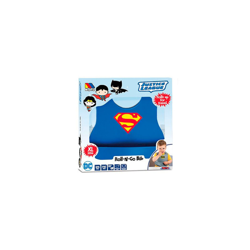 Babero de silicona Justice League de Molto, en color azul de superman.