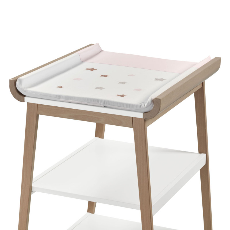 Mueble cambiador Doco Sleeping de Cotinfant en color blanco natural, con colchoneta y funda star rosa.