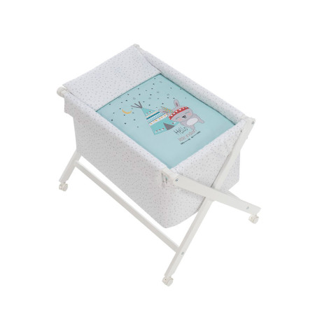 Minicuna tijera + textil tipi oso menta de Interbaby.