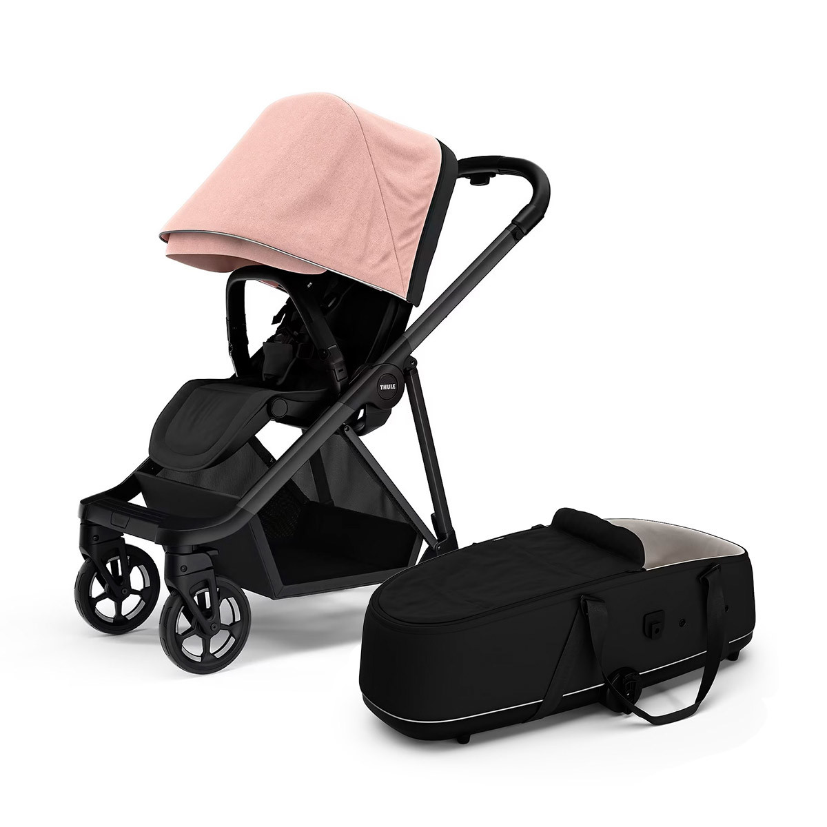 Silla de paseo Shine de Thule en mystic pink + capazo Bassinet negro