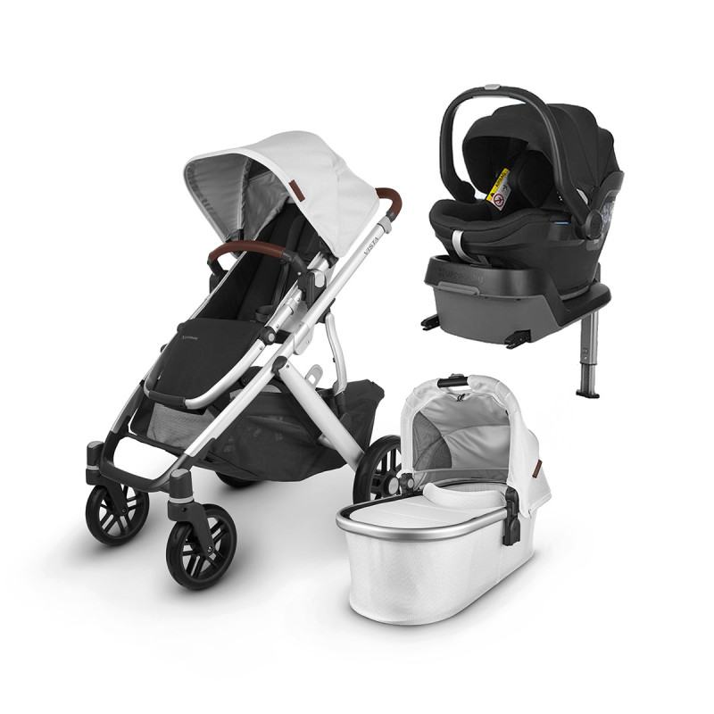 Trio cochecito Vista V2 de Uppababy, en color Bryce, con silla de coche Mesa i-Size y su correspondiente base isofix.