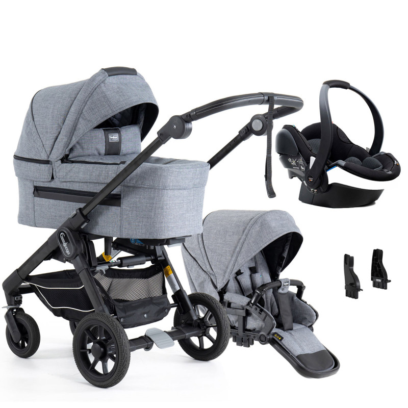 Trio NXT60 FLAT de Emmaljunga en color lounge grey con silla de coche Besafe + adaptadores.