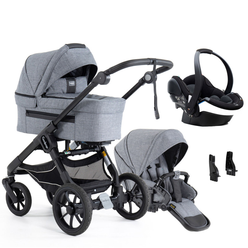 Trio NXT90 FLAT de Emmaljunga en color lounge grey con silla de coche Besafe + adaptadores.