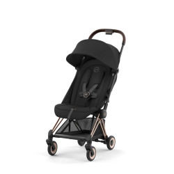 Cybex Coya silla paseo ultracompacta con chasis rosegold y tejidos en color sepia black.