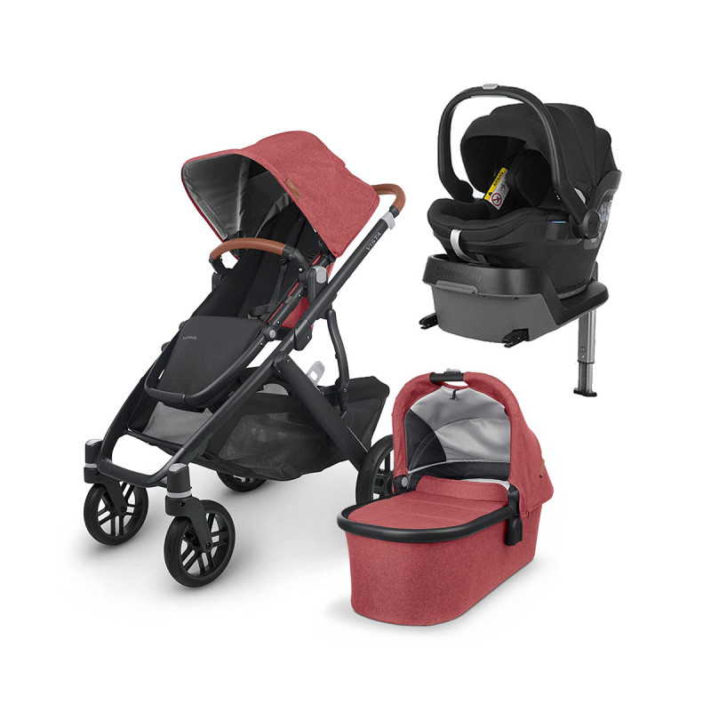 Trio cochecito Vista V2 de Uppababy, en color Lucy, con silla de coche Mesa i-Size y su correspondiente base isofix.