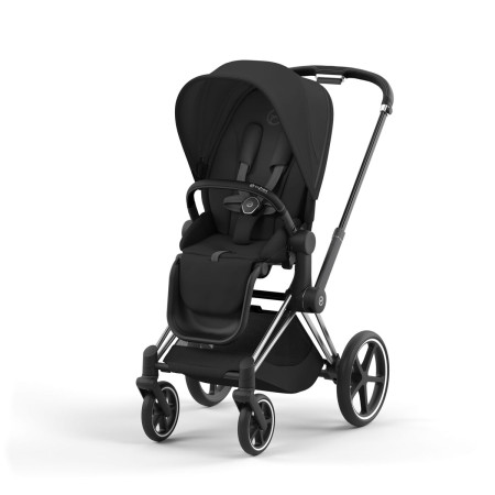 Silla de paseo Priam Platinum de Cybex, chasis chrome black y color de tejidos sepia black.