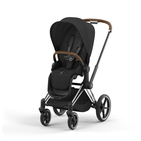 Silla de paseo Priam Platinum de Cybex, chasis chrome brown y color de tejidos sepia black.