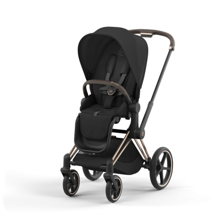 Silla de paseo Priam Platinum de Cybex, chasis rosegold y color de tejidos sepia black.