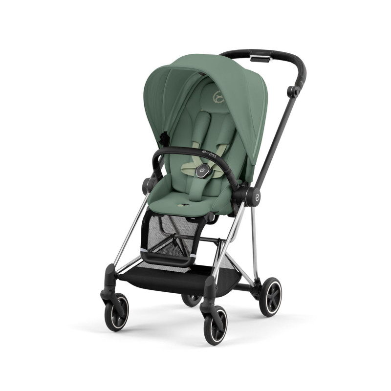 Silla de paseo Mios Platinum de Cybex, chasis chrome black y color de tejidos en leaf green.
