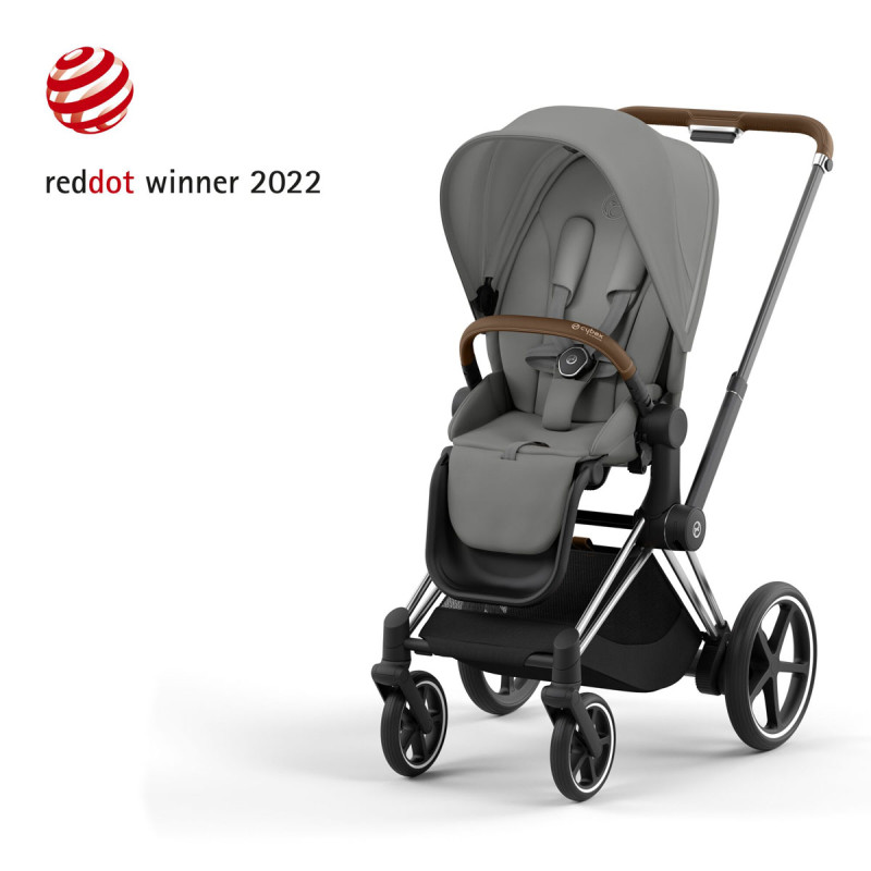 Silla paseo inteligente e-Priam Platinum de Cybex, chasis chrome brown y tejidos en color mirage grey.