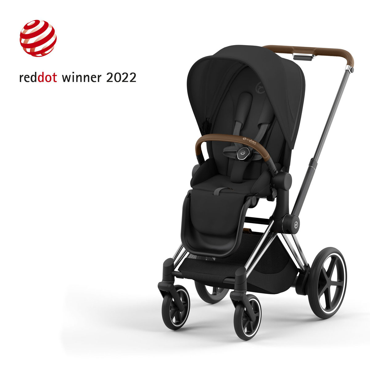 Silla paseo inteligente e-Priam Platinum de Cybex, chasis chrome brown y tejidos en color sepia black.