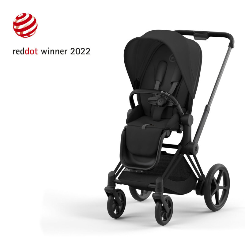 Silla paseo inteligente e-Priam Platinum de Cybex, chasis matt black y tejidos en color sepia black.