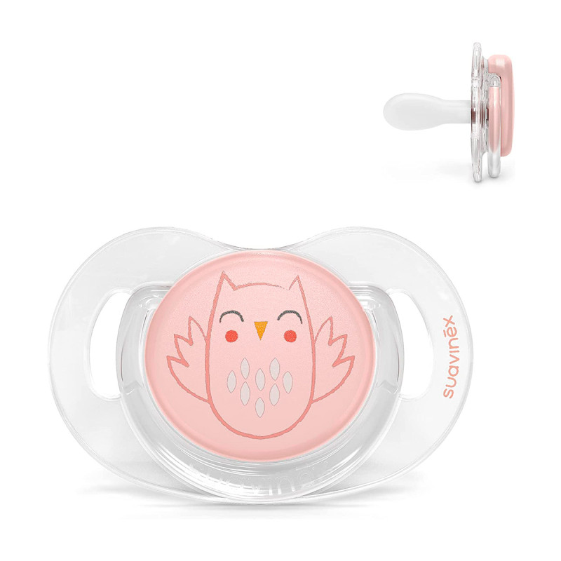 Chupete con tetina fisiológica, colección Premium Owl, de Suavinex para bebés 0-6 meses en color rosa.