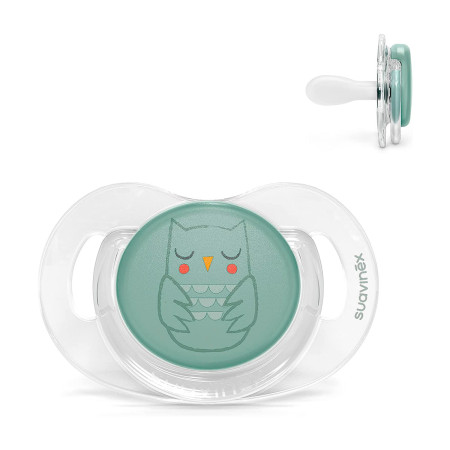 Chupete con tetina fisiológica, colección Premium Owl, de Suavinex para bebés 0-6 meses en color verde.