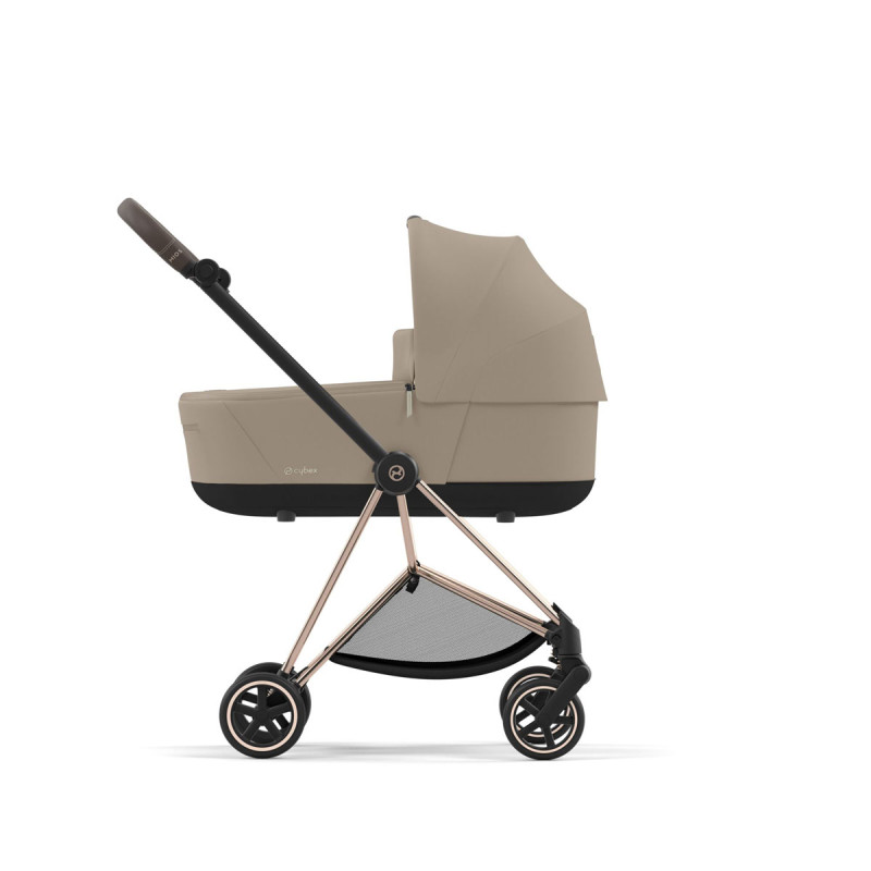 Cochecito Mios Platinum de Cybex, chasis rosegold y color de tejidos en cozy beige