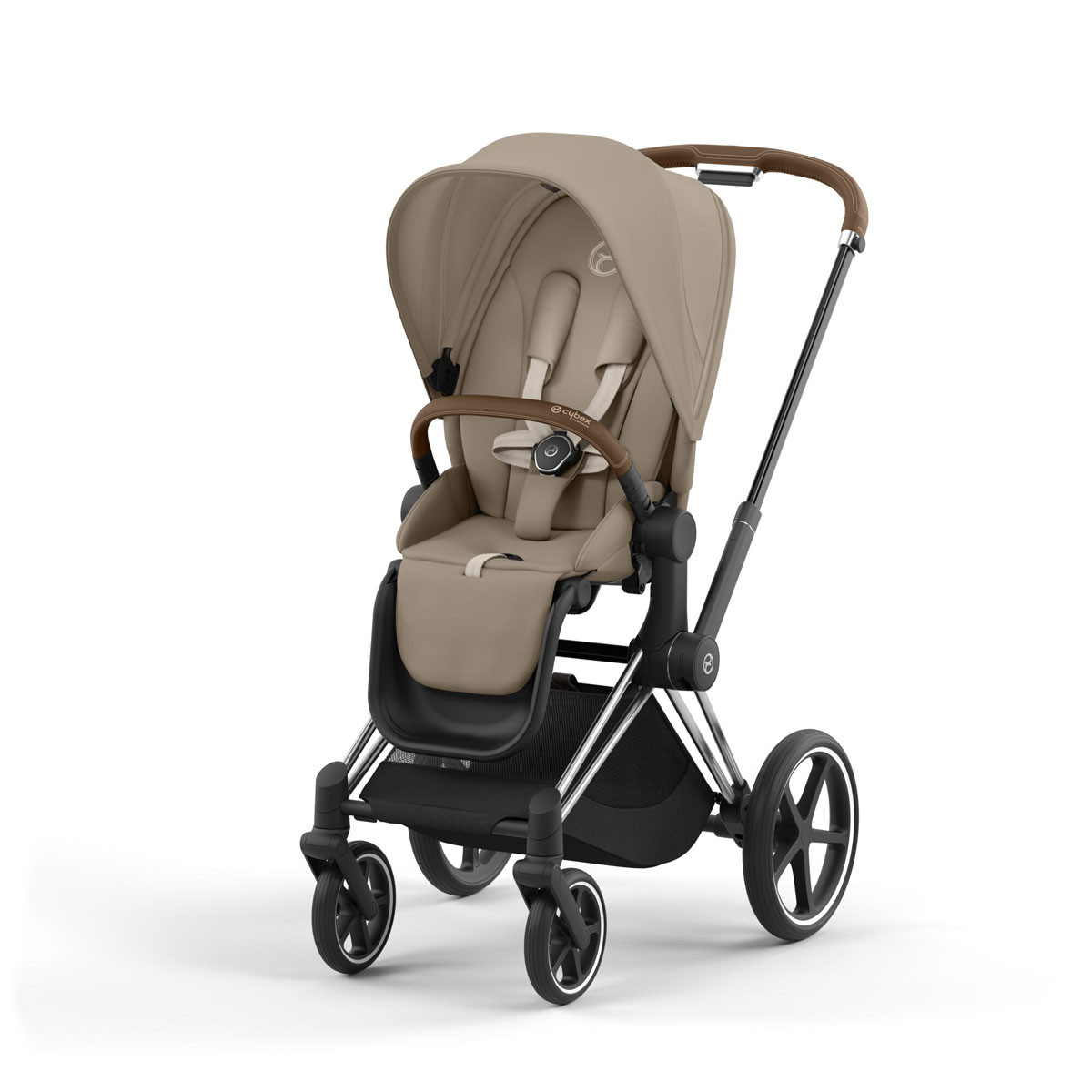 Silla de paseo Priam Platinum de Cybex, chasis chrome brown y color de tejidos cozy beige