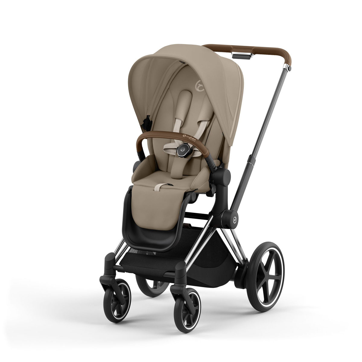 Silla paseo inteligente e-Priam Platinum de Cybex, chasis chrome brown y tejidos en color  cozy beige