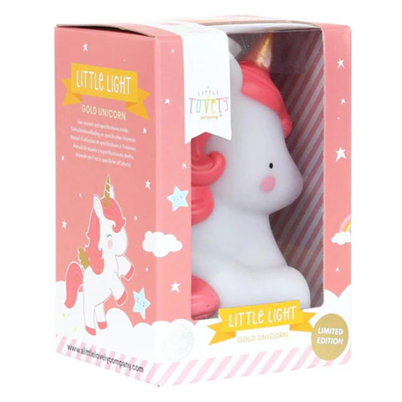 lámpara infantil con forma de unicornio dorado de a little lovely company en caja