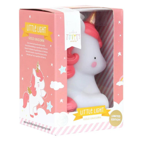 lámpara infantil con forma de unicornio dorado de a little lovely company en caja