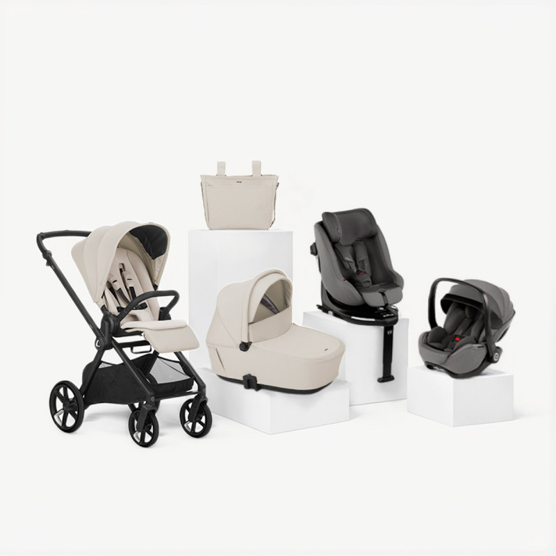 carrito completo Jané Muum 5 beige sand con silla de coche y portababé gris mars gray