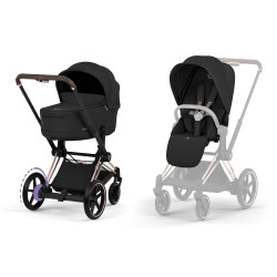 Cybex e-Priam Comfort cochecito 2026 con capazo flexible con chasis en color rosegold  y capazo y tela de silla en sepia black