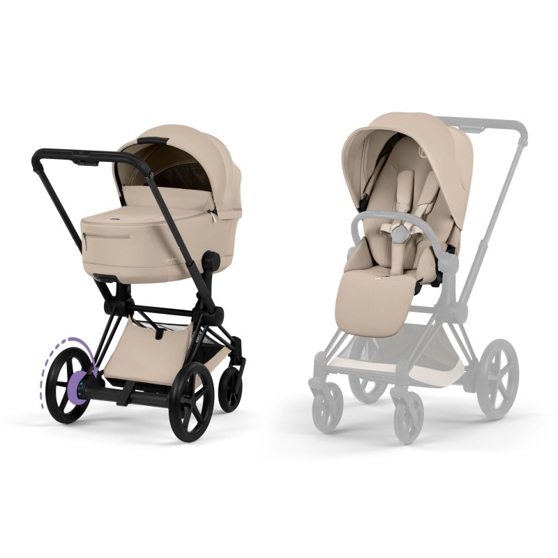Cybex e-Priam Comfort cochecito 2026 con capazo flexible con chasis en color matt black  y capazo y tela de silla en beige