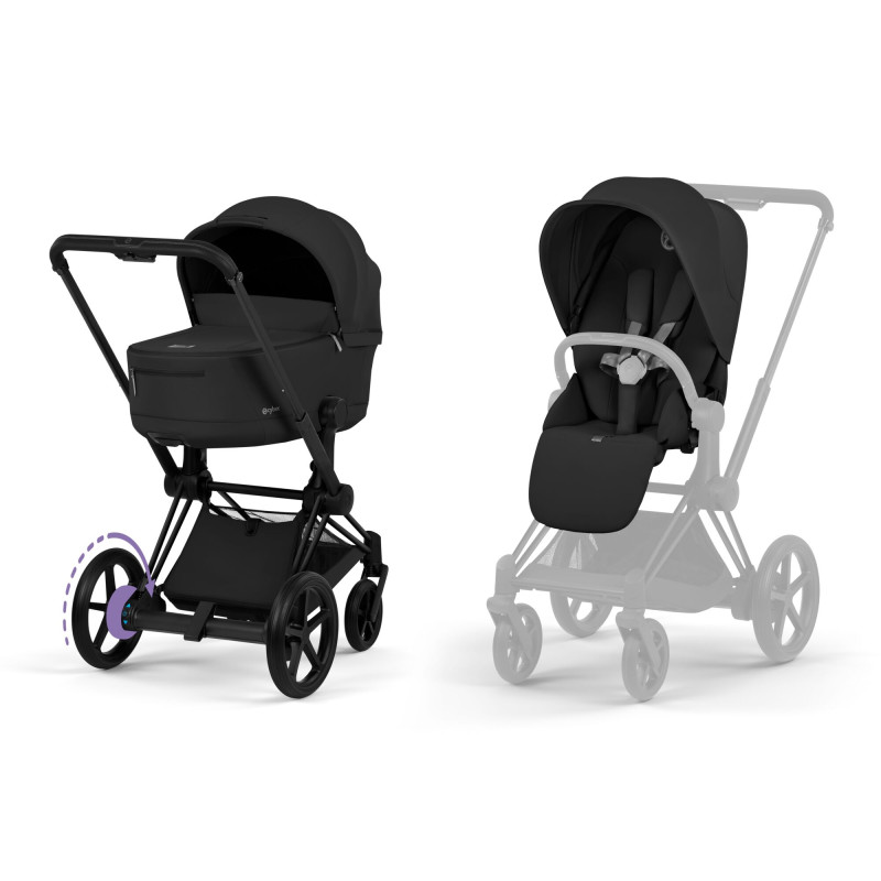Cybex e-Priam Comfort cochecito 2026 con capazo flexible con chasis en color matt black  y capazo y tela de silla en sepia black