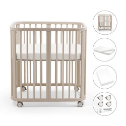 pack de la minicuna Stokke Nighti MINI que incluye cuna, colchón, sábana bajera y ruedas 2