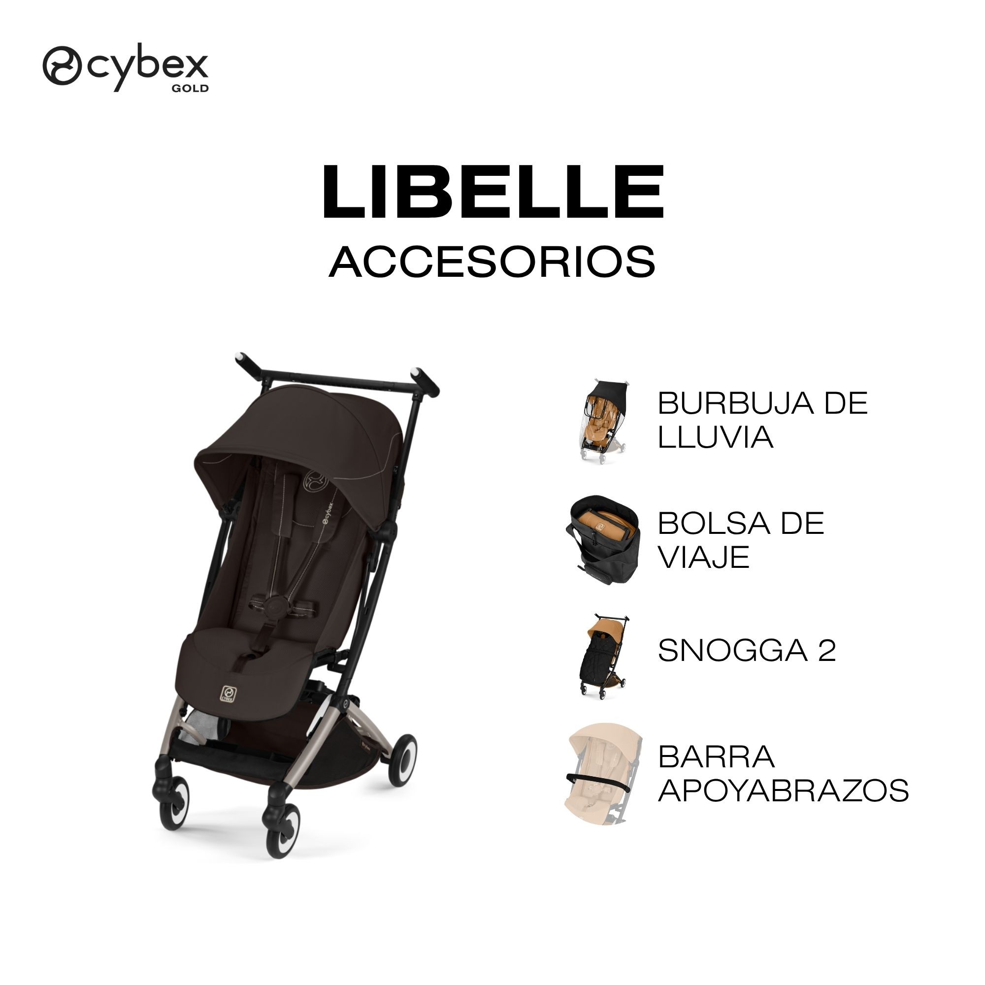 los complementos que puede llevar la libelle son la bolsa de transporte, apoyabrazos, plastico de lluvia y el saco snogga